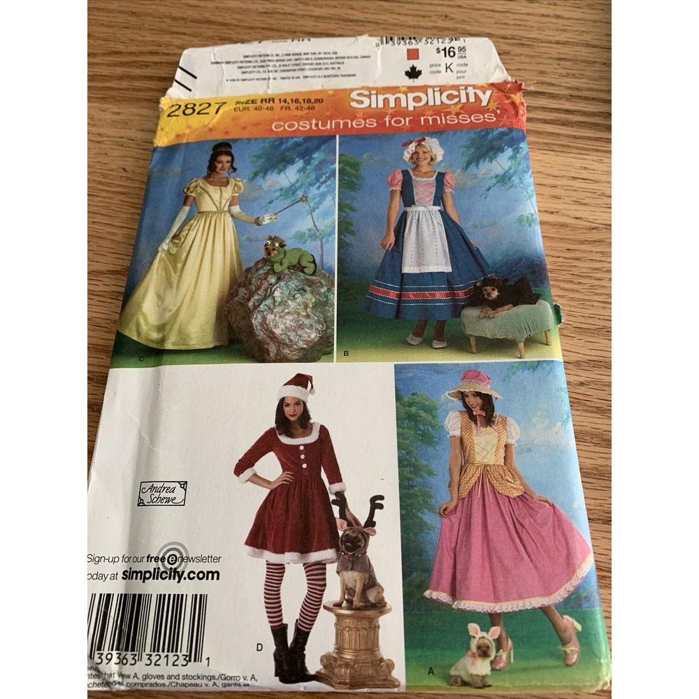 Simplicity 2827 Costumes Plus & Dogs‎ Sz 14 16 18 20 UNCUT Santa Dorothy Bo Peep